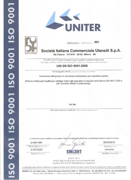 Sicutool - Certificato UNI EN ISO 9001:2008