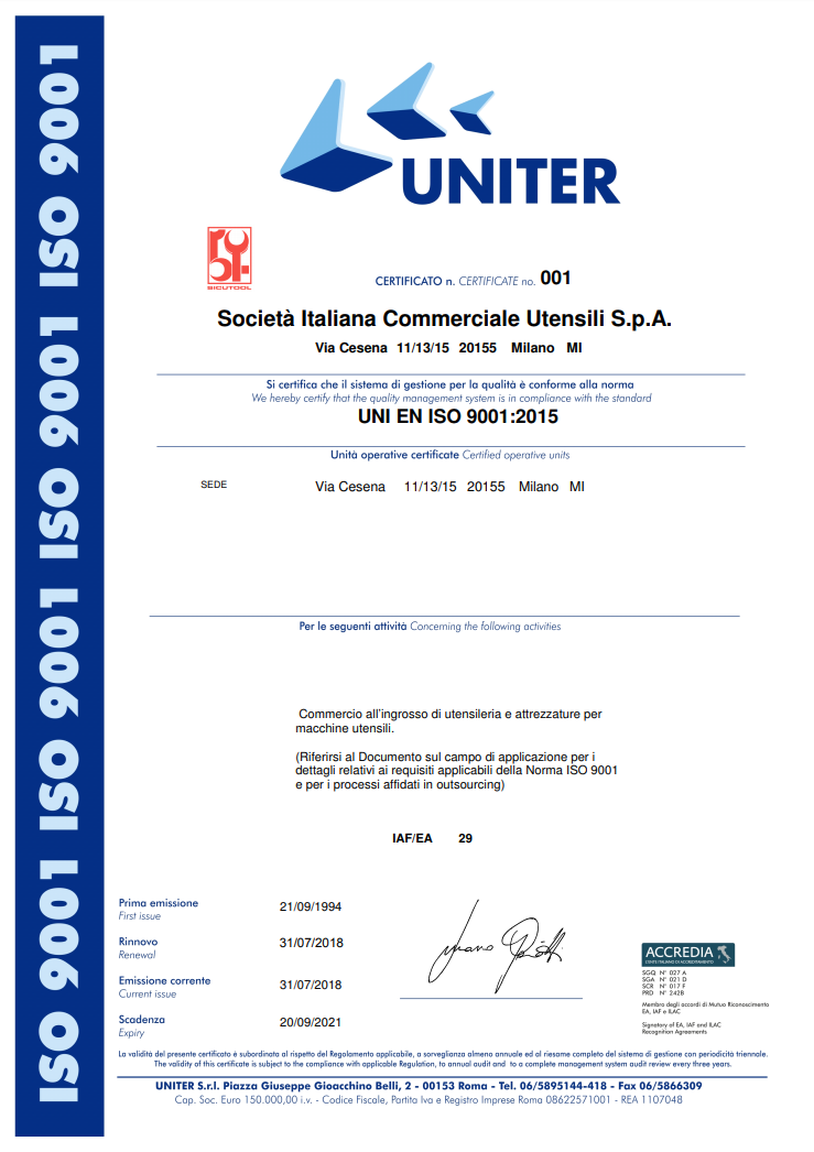 Sicutool - Certificato UNI EN ISO 9001:2015